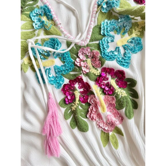 MISS JUNE White Sequin Embroidered Pink Tasseled Mini Caftan Cover Up, One Size - Picture 5 of 11